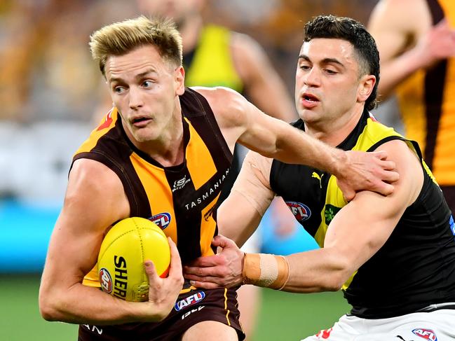 Harry Morrison is still in limbo as to how his future at Hawthorn will unfold. Picture: Josh Chadwick/AFL Photos/via Getty Images.