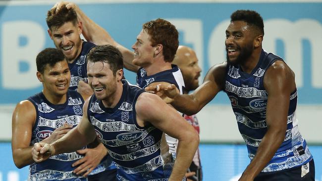 Patrick Dangerfield leads the celebrations after a goal at GMHBA Stadium. Picture: Getty Images