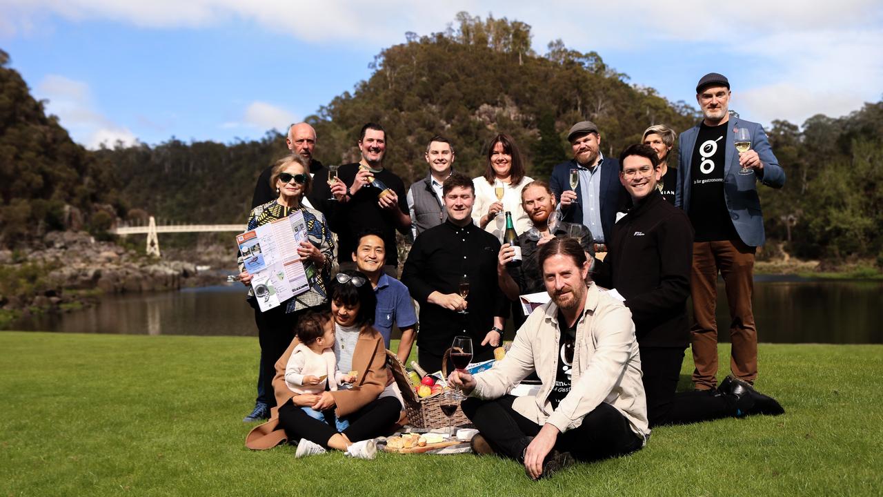 Celebrating Launceston and the Tamar Valley being named the #4 must-visit destination in the world with Shane Fitzgerald, Nick Raitt, Thomas Johns, Lauren Johnston, Will Doggett, Bron Hanstein, Andrew Pitt, Christina Holmdahl, Ethan Han, Tom Tyler, Rhys Hannan, Matthew Garwood, Bianca Welsh and daughter Rani Welsh, and Matt Adams. Picture: Stephanie Dalton