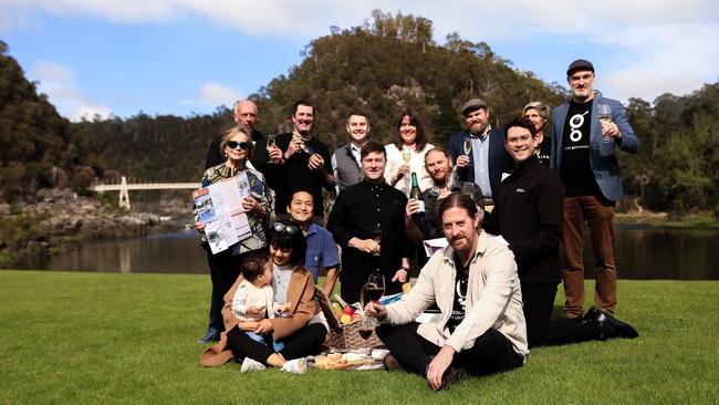 Celebrating Launceston and the Tamar Valley being named the #4 must-visit destination in the world with Shane Fitzgerald, Nick Raitt, Thomas Johns, Lauren Johnston, Will Doggett, Bron Hanstein, Andrew Pitt, Christina Holmdahl, Ethan Han, Tom Tyler, Rhys Hannan, Matthew Garwood, Bianca Welsh and daughter Rani Welsh, and Matt Adams. Picture: Stephanie Dalton