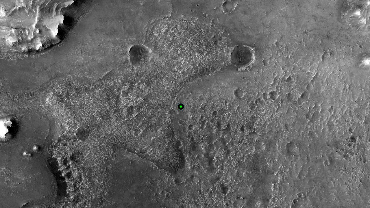 This image shows with a green dot where NASA’s Perseverance rover landed. Picture: NASA