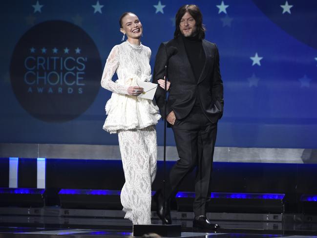 Kate Bosworth and Norman Reedus walk on stage at the 23rd annual Critics’ Choice Awards at the Barker Hangar on Thursday, Jan. 11, 2018, in Santa Monica, California. Picture: AP