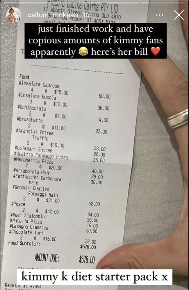 Callum McKean claims the image of the receipt shows what Kim Kardashian ordered that night. Picture: Instagram