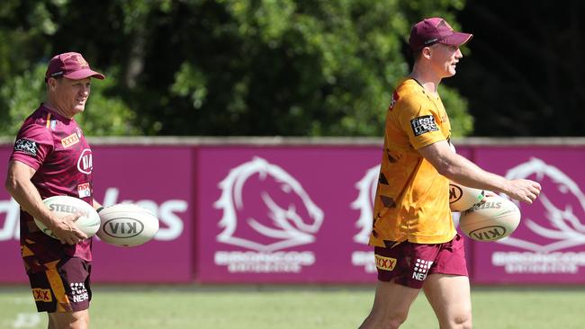 Coach Kevin Walters with Tyson Gamble, Brisbane Broncos training, Red Hill. Photographer: Liam Kidston