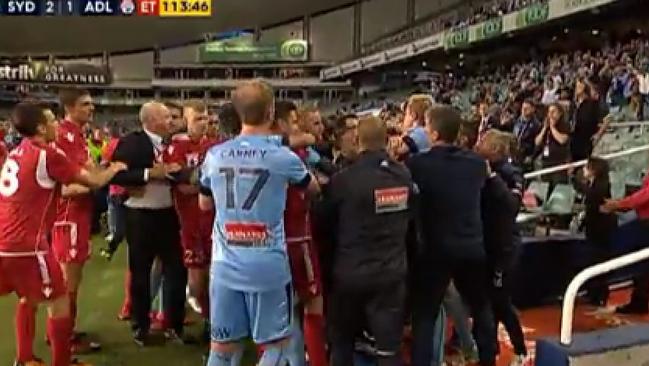 Free for all after ball boy tackled in FFA Cup final.