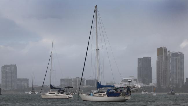 Boats in Bums Bay on the Gold Coast as Cyclone Alfred approached on Thursday. Picture: Glenn Hampson.