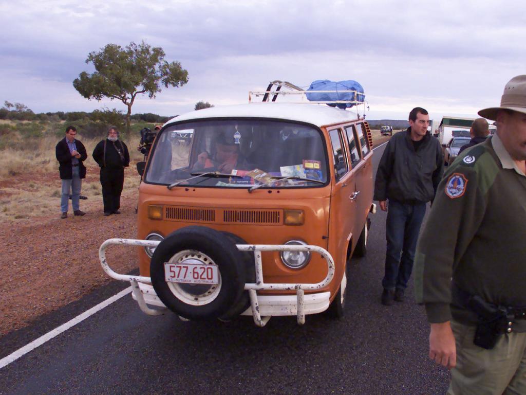 A borrowed orange Kombi van set up on the Stuart Highway for a scene recreation in an attempt to get clues over the disappearance of Peter Falconio.