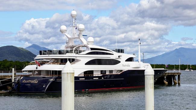 Mr Palmer’s superyacht Australia moored in the Cairns Marlin Marina. His Fig Tree Pocket riverdock was designed to be able to accommodate this vessel. Picture: Brendan Radke.