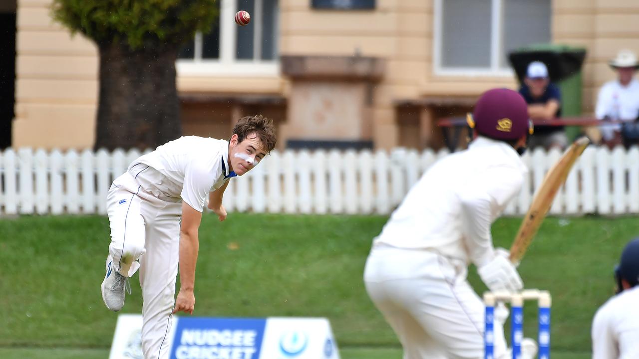 Nudgee College bowler Jack Balkin giving the ball air. Picture, John Gass