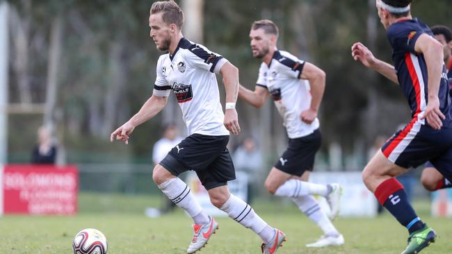 Para Hills’ Thilo Wilke in NPL SA action at The Paddocks, which is set to undergo a major redevelopment. Picture: Adam Butler