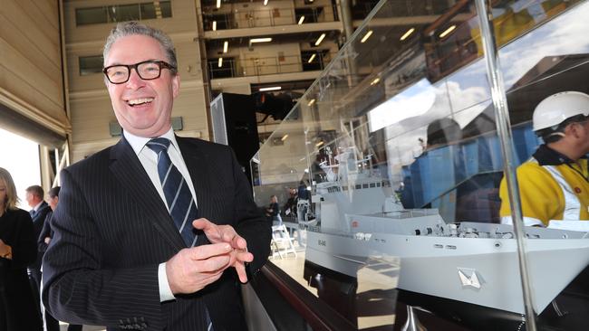 Then defence minister Christopher Pyne at the keel laying ceremony for the first of the RAN’s Arafura-class offshore patrol vessels. Picture: Tait Schmaal