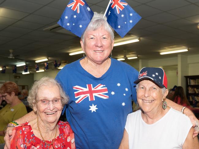 Joyce Deguara, Tricia Garner and Julie O'Neill celebrating Australia Day at Mackay Contract Bridge Clubâs 2024 Australia Day event.