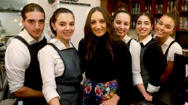 Wild Pear Cafe Louis Takchi, Olivia Zeaiter, MasterChef winner Larissa Takchi, Georgia Zeaiter, Sarah Sakr and Jazmyn Gillies. Picture: Angelo Velardo