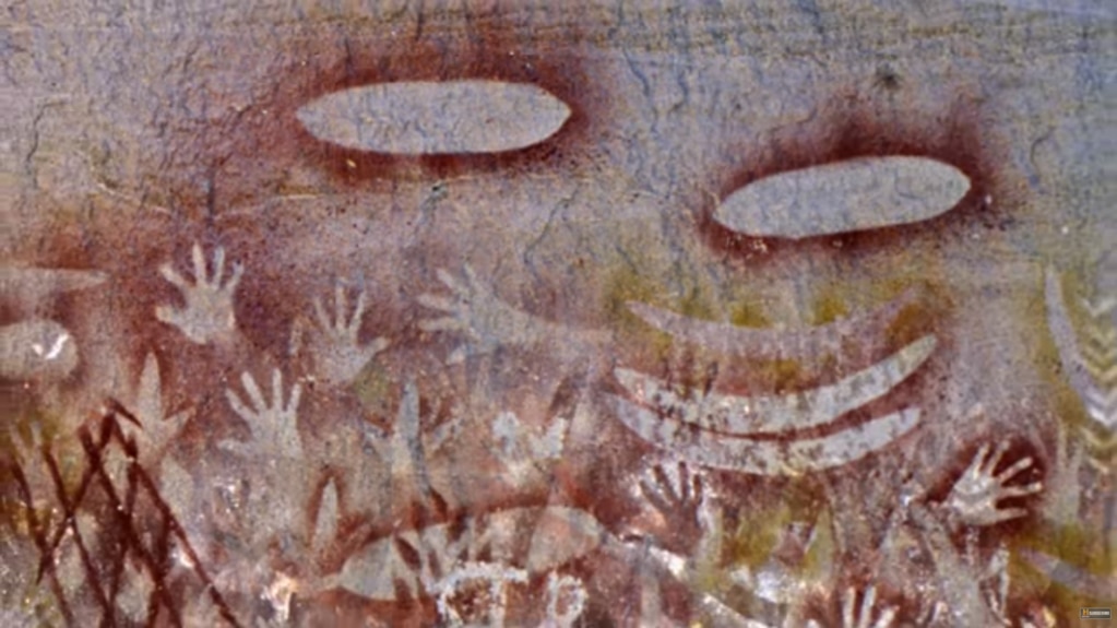 Context counts: UFO's hovering above ancient indigenous population? Or ochre-blown outlines of bark shields, along with weapons such as boomerangs and spears? Picture: History Channel