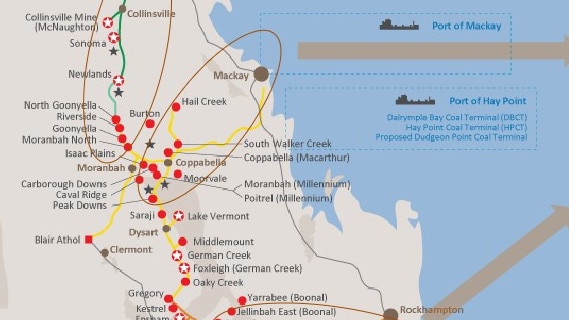 This map from 2017 shows the rail networks that serve Queensland's coal mines. Mines along the yellow corridor all end at Mackay. Picture: PwC