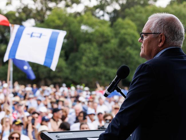 SYDNEY, AUSTRALIA - NewsWire Photos FEBRUARY 18, 2024: Anti-Semitism rally in The Domain today is drawing a large crowd and will have speakers such as Jacqui Lambie. Former Prime Minister Scott Morrison speaks to the crowd. Picture: NCA NewsWire / David Swift