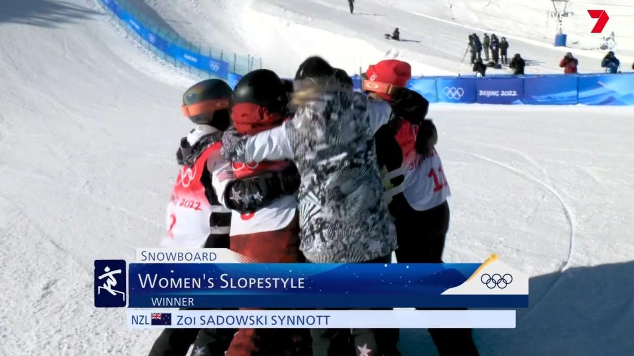 The emotional embrace after the final scores were announced. Photo: Twitter, @7Olympics.