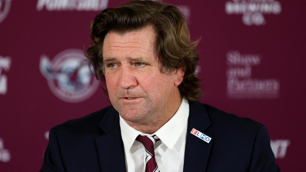 SYDNEY, AUSTRALIA - SEPTEMBER 02: Sea Eagles coach, Des Hasler speaks to the media following the round 25 NRL match between the Canterbury Bulldogs and the Manly Sea Eagles at Accor Stadium, on September 02, 2022, in Sydney, Australia. (Photo by Brendon Thorne/Getty Images)
