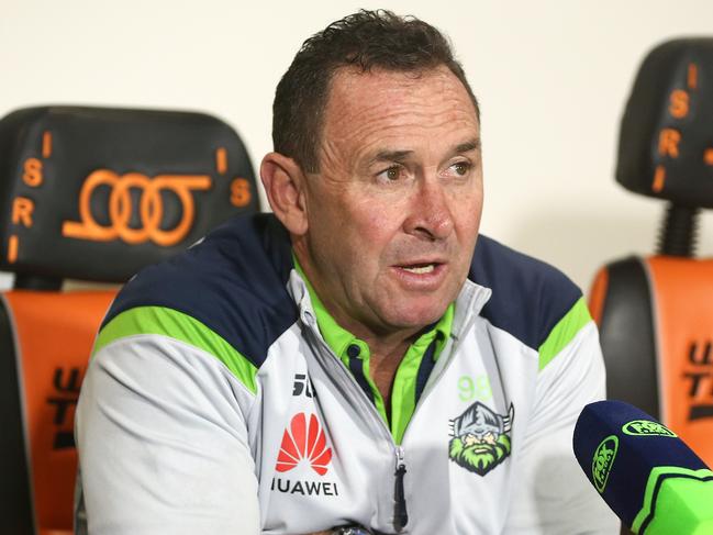 Raiders coach, Ricky Stuart addresses the media following the Round 5 NRL match between the Wests Tigers and the Canberra Raiders at Campbelltown Stadium in Sydney, Saturday, June 13, 2020. (AAP Image/Brendon Thorne) NO ARCHIVING, EDITORIAL USE ONLY