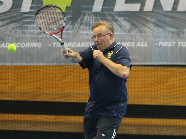 Anthony Albanese plays Fast 4 Tennis during the 2015 Australian Open at Melbourne Park. Picture: Getty