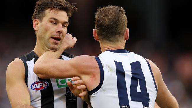 Levi Greenwood successfully tagged Joel Selwood out of the game on Sunday. Picture: Michael Klein