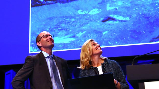 Former AMP CEO Craig Meller and chairman Catherine Brenner at the AMP annual meeting at Sydney Town Hall. (John Feder/The Australian)