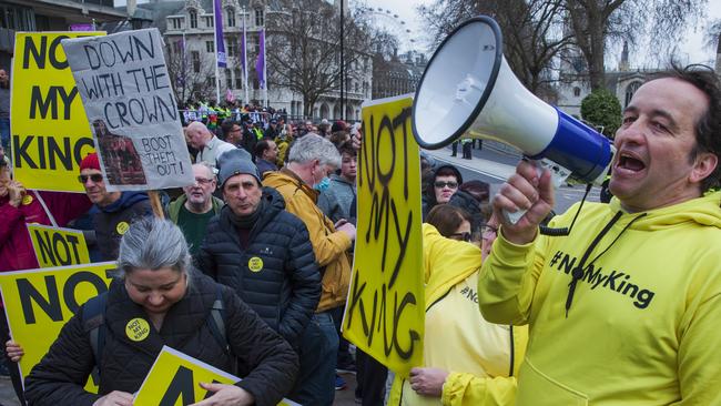 Graham Smith (right), chief executive of antimonarchy group Republic, addresses a protest opposite Westminster Abbey. Picture: Mark Kerrison/In Pictures via Getty Images