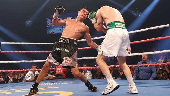 Tim Tszyu takes the soul, and the senses, of Irish fighter Dennis Hogan at Newcastle Entertainment Centre. Picture: Getty Images