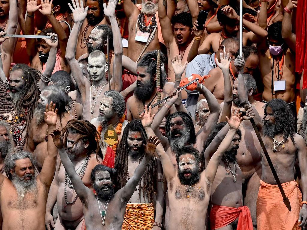 Hindu holy men take a holy dip in the waters of the Ganges River on the day of Shahi Snan, otherwise known as the royal bath. Picture: Money Sharma/AFP