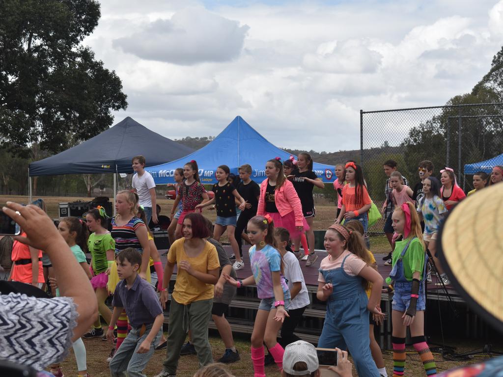 Grade 5 and 6 students braved the risk of rain to perform a dance routine to 'Footloose'