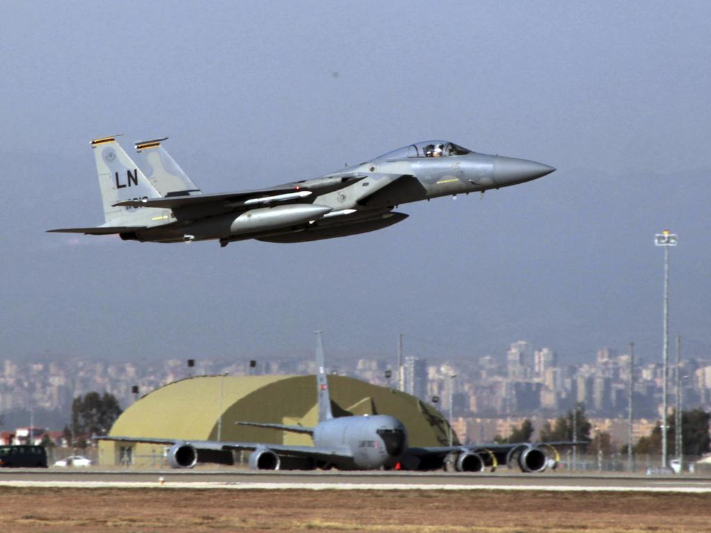 A U. S. Air Force F-15 fighter jet takes off from Incirlik Air Base near Adana, Turkey.