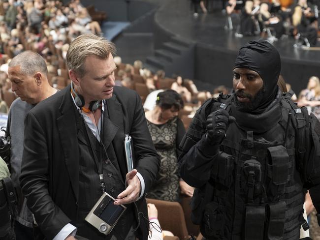 Director Christopher Nolan and John David Washington on set. Picture: Melinda Sue Gordon