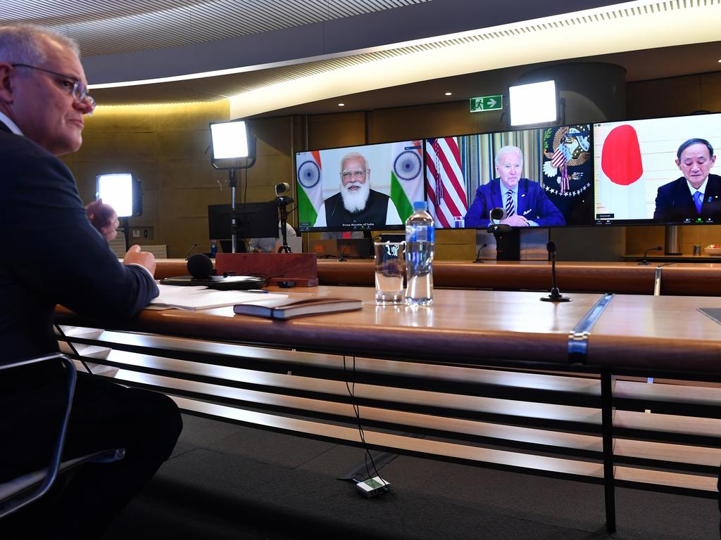 Australian Prime Minister Scott Morrison (left) participating in the inaugural Quad leaders meeting with (from left) Indian President Narendra Modi, US President Joe Biden, and Japanese Prime Minister Yoshihide Suga in March 12. Picture: AAP Image/Pool/Dean Lewins