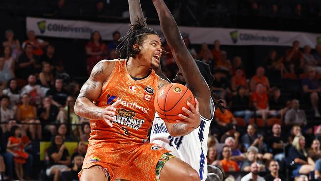 Taipans' Rob Edwards charges to the basket in the National Basketball League (NBL) match between the Cairns Taipans and the Adelaide 36ers, held at the Cairns Convention Centre. Picture: Brendan Radke
