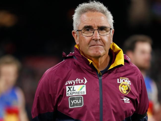 MELBOURNE, AUSTRALIA - SEPTEMBER 16: Chris Fagan, Senior Coach of the Lions looks on during the 2022 AFL First Preliminary Final match between the Geelong Cats and the Brisbane Lions at the Melbourne Cricket Ground on September 16, 2022 in Melbourne, Australia. (Photo by Michael Willson/AFL Photos via Getty Images)