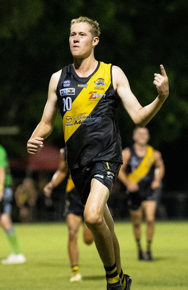 Stanley Cox playing for the Nightcliff Tigers in the 2024-25 NTFL season. Picture: Jack Riddiford / AFLNT Media