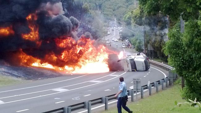 A runaway petrol tanker that exploded in flames on Mona Vale Rd in 2013, killing two men, prompted plans for the upgrade of Mona Vale Rd. Picture: Stuart de Low