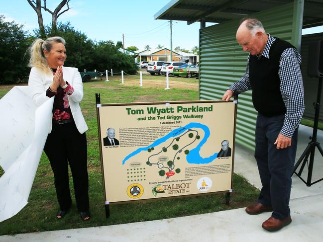 Tom Wyatt unveiling signage with councillor Cherie Rutherford at the parkland named after him.