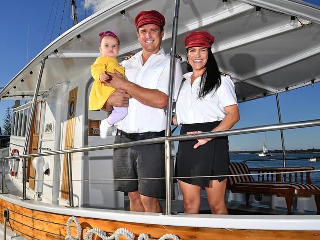 Rowen Fletcher, 11 month old Sunny Fletcher and Tamara Briffa.Rosie Boat Charters is a family owned charter business dedicated to providing memorable experiences on the beautiful Broadwater of the Gold Coast. Thursday June 6, 2024. Picture, John Gass