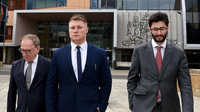 Kurt De Luis (centre) outside Parramatta Local Court with his legal counsel. Picture: Bianca De Marchi