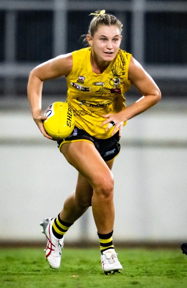 Nightcliff Tigers' co-captain Sophie Hatzismalis was essential in her side’s win against Buffaloes. Picture: Patch Clapp / AFLNT Media