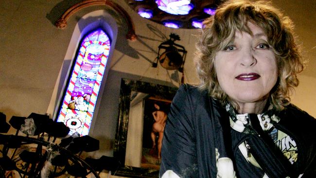 Ms Pinniger aka "Madam Lash" the larger-than-life, very eccentric dominatrix and artist who fascinated the Australian imagination in the '70s and '80s, pictured in the church in 2005. Picture: Erin Byrne.