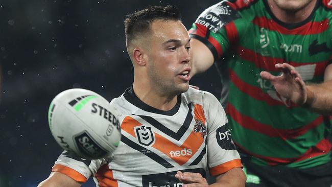 Tigers Luke Brooks during the round 9 NRL match between South Sydney and Wests Tigers at Bankwest Stadium, Parramatta. Picture: Brett Costello