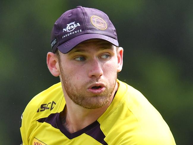 Matthew Lodge of the Broncos in action during Brisbane Broncos training at Clive Berghofer Field in Brisbane, Thursday, March 22, 2018. The Broncos are playing their third round NRL match against Wets Tigers on Friday night in Sydney. (AAP Image/Darren England) NO ARCHIVING, EDITORIAL USE ONLY