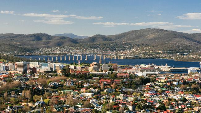 View over Hobart towards the Derwent River in Hobart, Tasmania, Australia