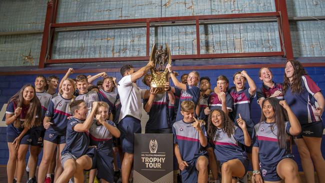 Former Cowboys player Antonio Winterstein toured Mackay schools, including Mackay State High School, with the NRL premiership trophy on Thursday. Picture: Contributed