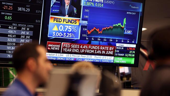 Wall St stocks fell in response to the latest rate hike. Picture: Scott Olson/Getty Images