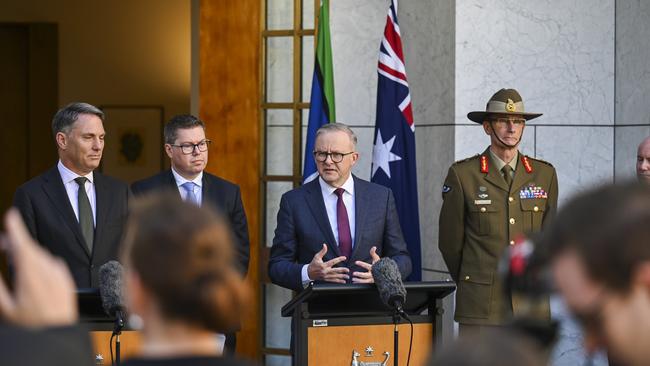 The Prime Minister, Anthony Albanese, Deputy Prime Minister and Minister for Defence, Richard Marles, Minister for Defence Industry, Pat Conroy, and the Chief of the Defence Force, General Angus Campbell hold a press conference after releasing the Defense Strategic Review at Parliament House Canberra. Picture: NCA NewsWire / Martin Ollman