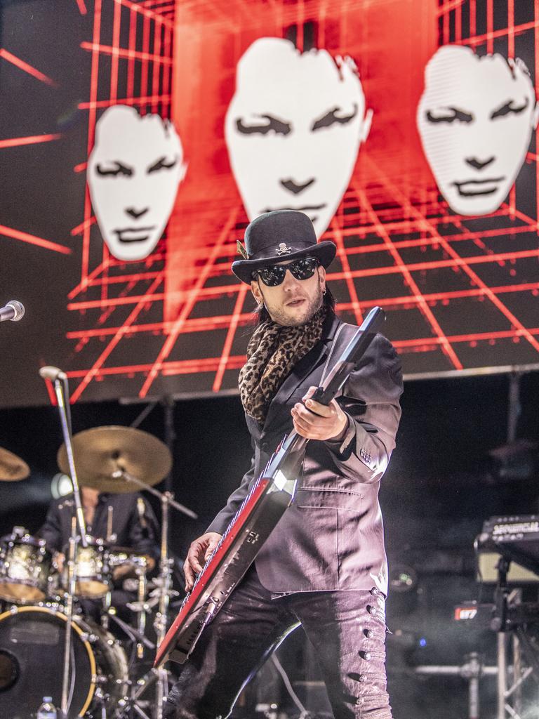 Matty Ray from Pseudo Echo plays keytar at the Toowoomba Carnival of Flowers Festival of Food and Wine. Saturday, September 10, 2022. Picture: Nev Madsen.
