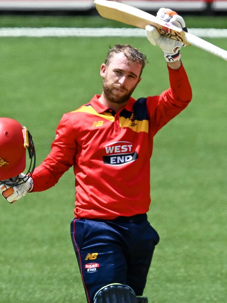 Mackenzie Harvey celebrates his One-Day Cup century against Tasmania on Sunday. Picture: Mark Brake/Getty Images